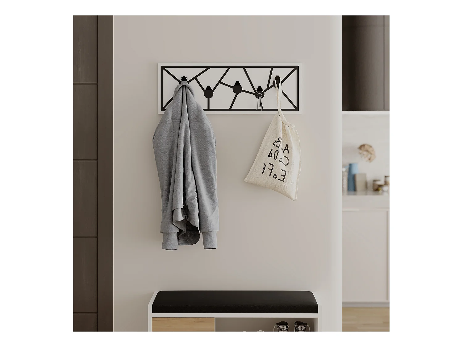 Decortie Blanc 1.8x74.6x26.6cm Porte-manteau mural avec 5 crochets, aggloméré, métal avec étagère de rangement Trace