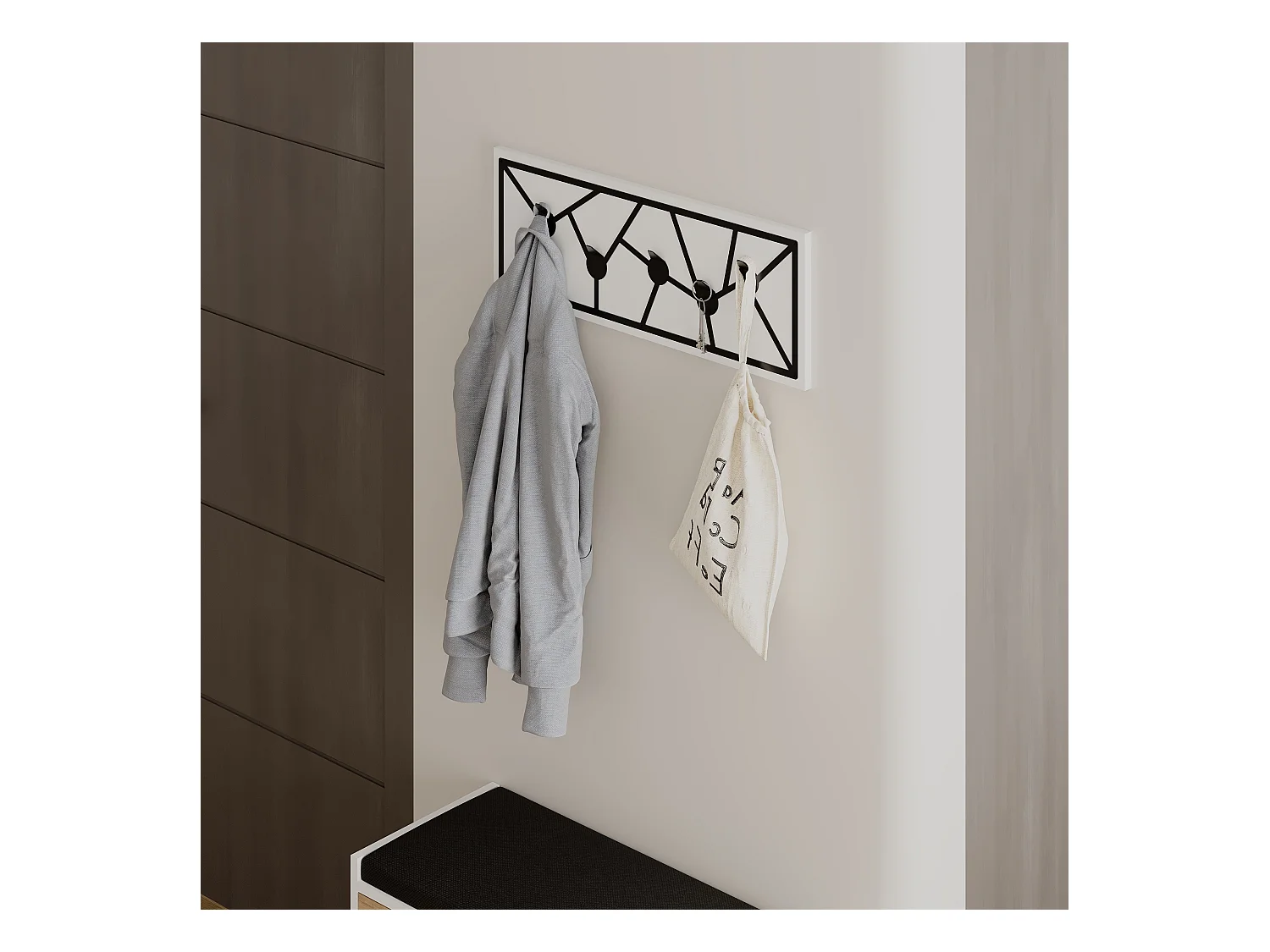 Decortie Blanc 1.8x74.6x26.6cm Porte-manteau mural avec 5 crochets, aggloméré, métal avec étagère de rangement Trace