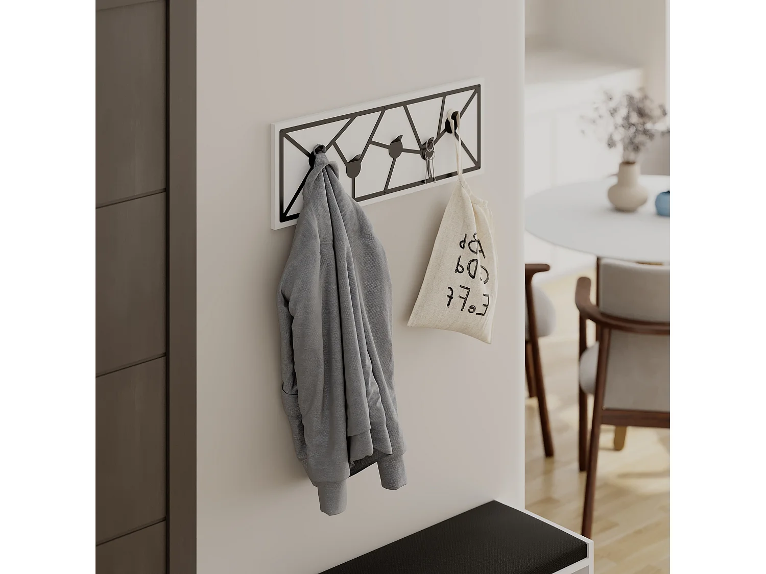 Decortie Blanc 1.8x74.6x26.6cm Porte-manteau mural avec 5 crochets, aggloméré, métal avec étagère de rangement Trace