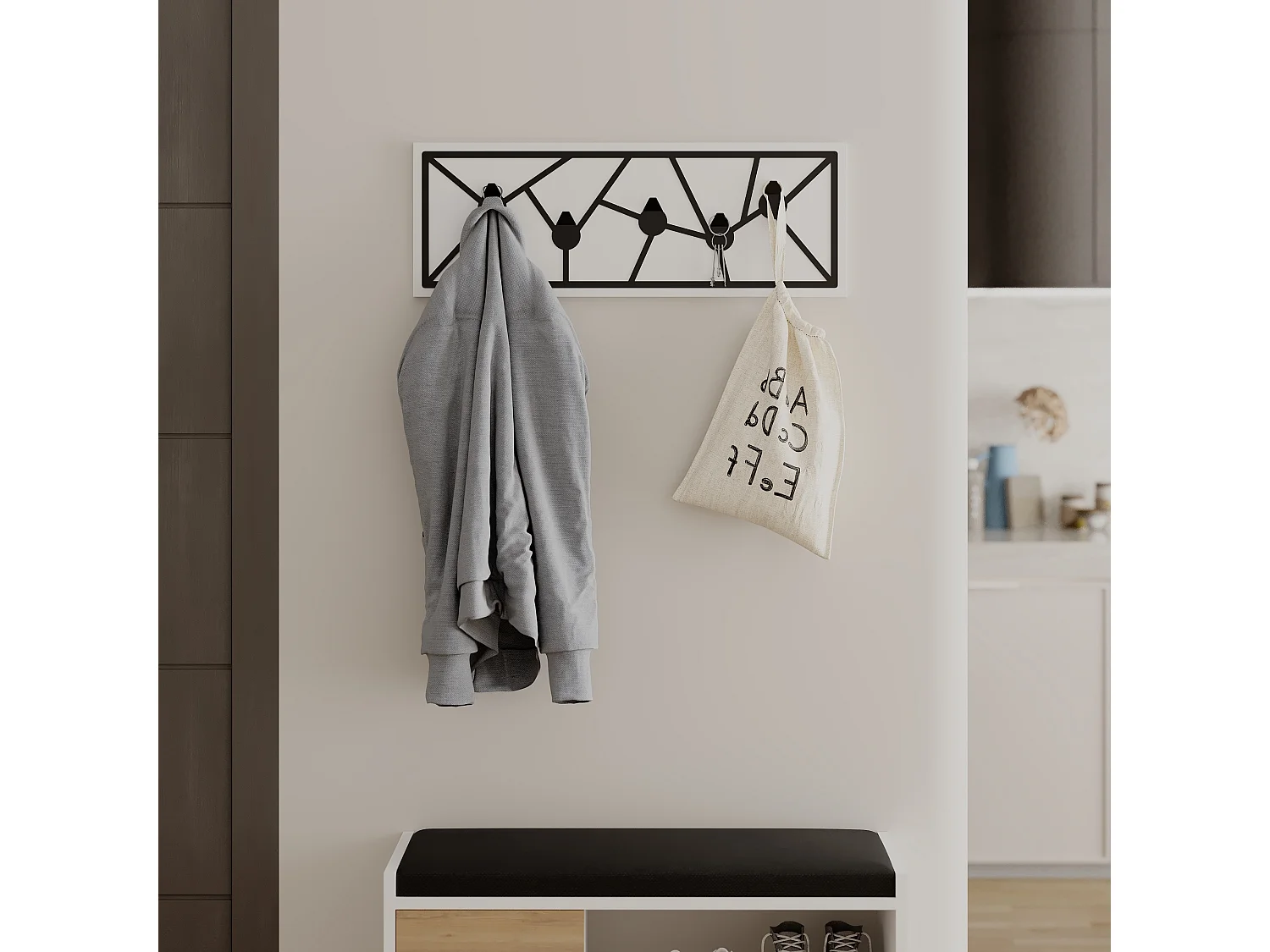 Decortie Blanc 1.8x74.6x26.6cm Porte-manteau mural avec 5 crochets, aggloméré, métal avec étagère de rangement Trace