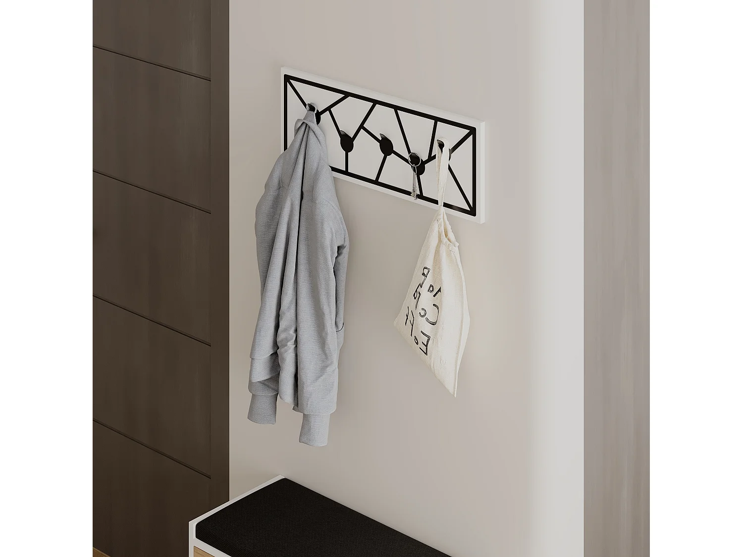 Decortie Blanc 1.8x74.6x26.6cm Porte-manteau mural avec 5 crochets, aggloméré, métal avec étagère de rangement Trace