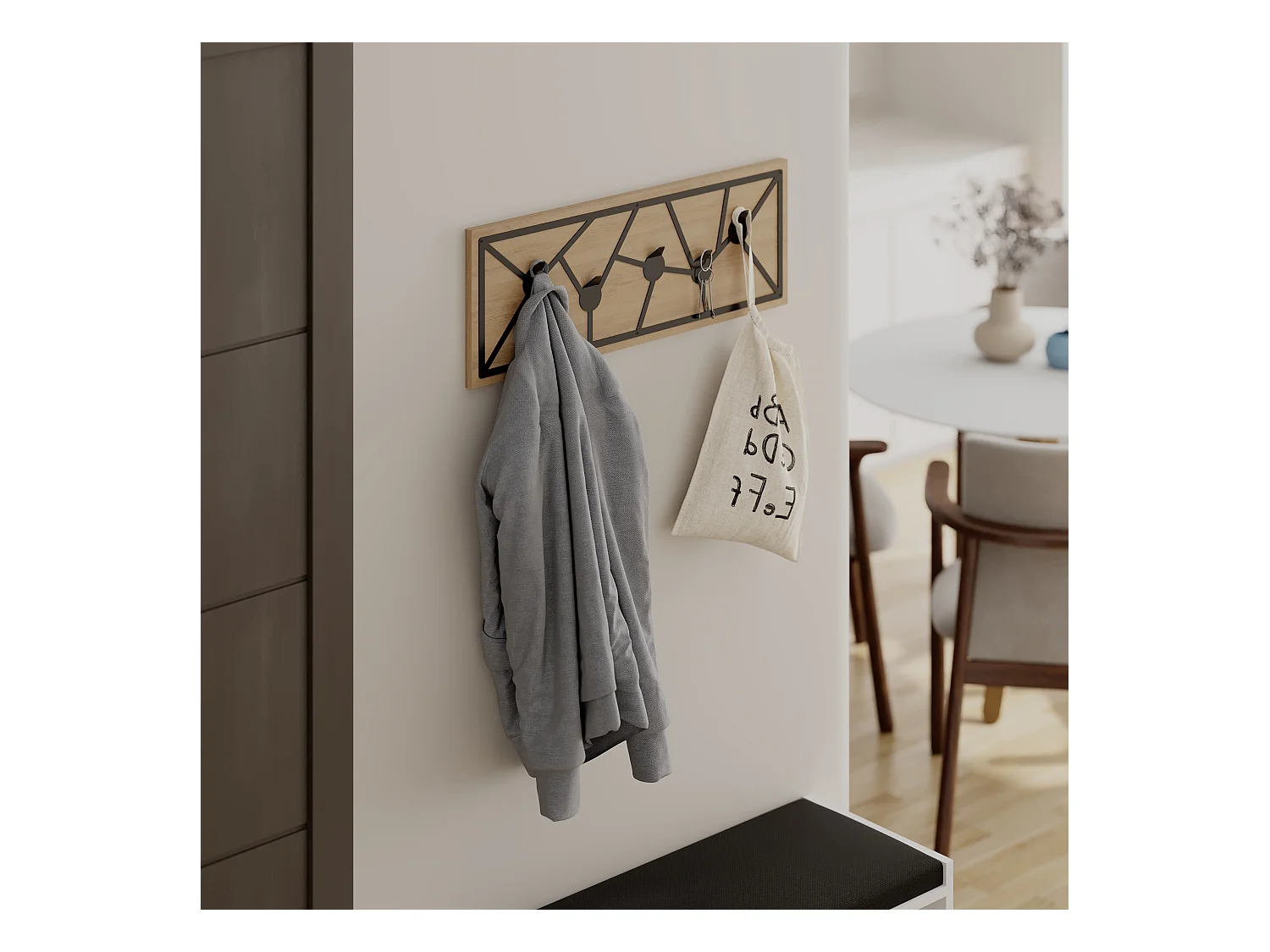 Decortie Chêne 1.8x74.6x26.6cm Porte-manteau mural avec 5 crochets, aggloméré, métal avec étagère de rangement Trace