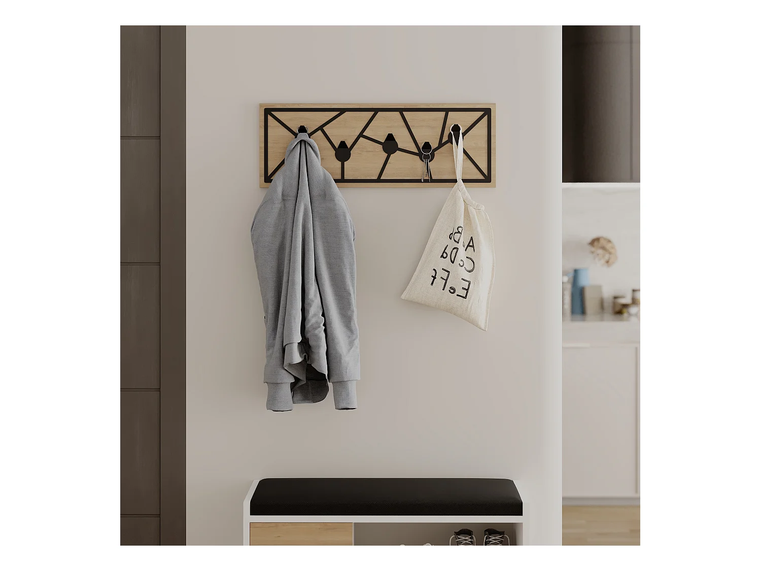 Decortie Chêne 1.8x74.6x26.6cm Porte-manteau mural avec 5 crochets, aggloméré, métal avec étagère de rangement Trace