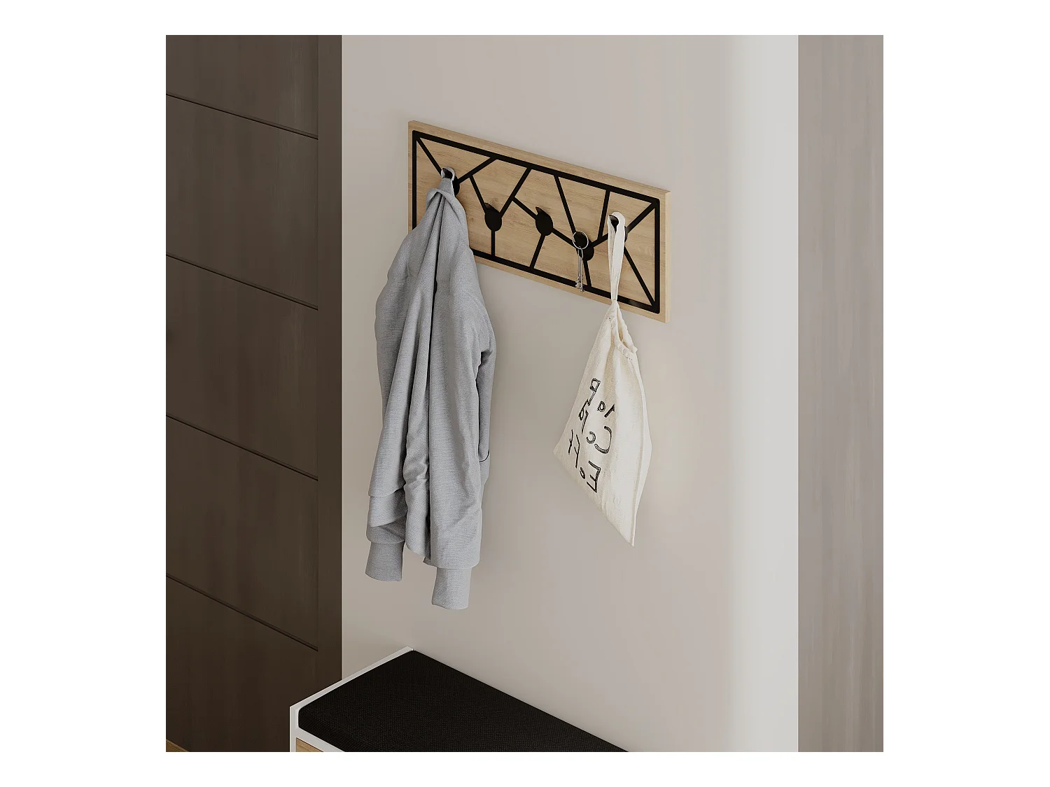 Decortie Chêne 1.8x74.6x26.6cm Porte-manteau mural avec 5 crochets, aggloméré, métal avec étagère de rangement Trace