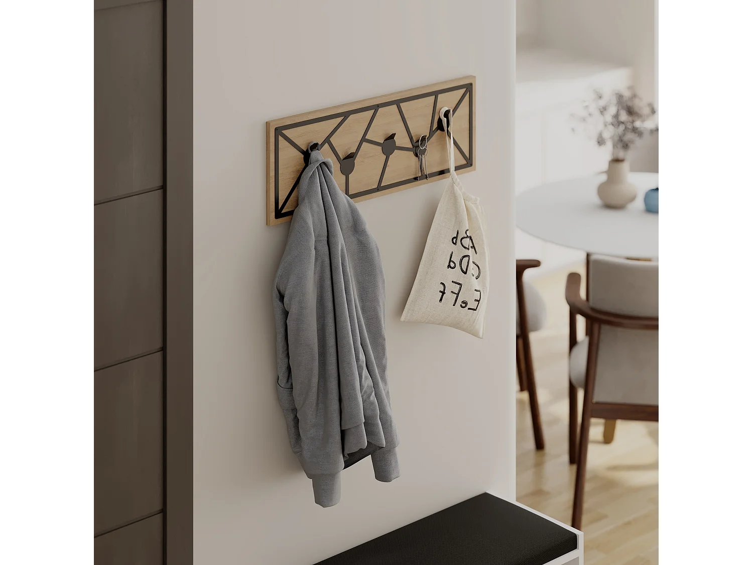 Decortie Chêne 1.8x74.6x26.6cm Porte-manteau mural avec 5 crochets, aggloméré, métal avec étagère de rangement Trace