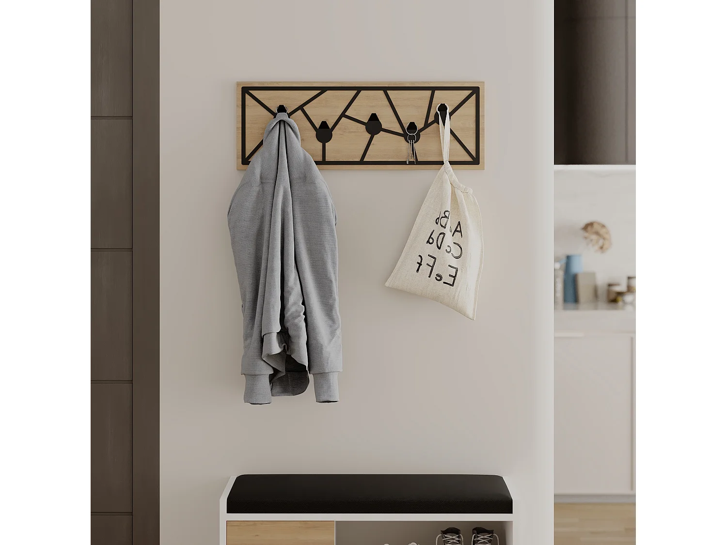 Decortie Chêne 1.8x74.6x26.6cm Porte-manteau mural avec 5 crochets, aggloméré, métal avec étagère de rangement Trace