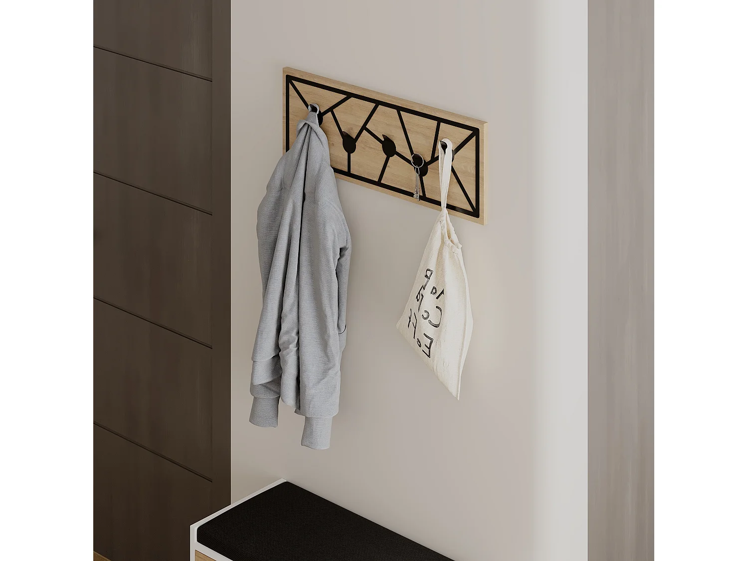 Decortie Chêne 1.8x74.6x26.6cm Porte-manteau mural avec 5 crochets, aggloméré, métal avec étagère de rangement Trace