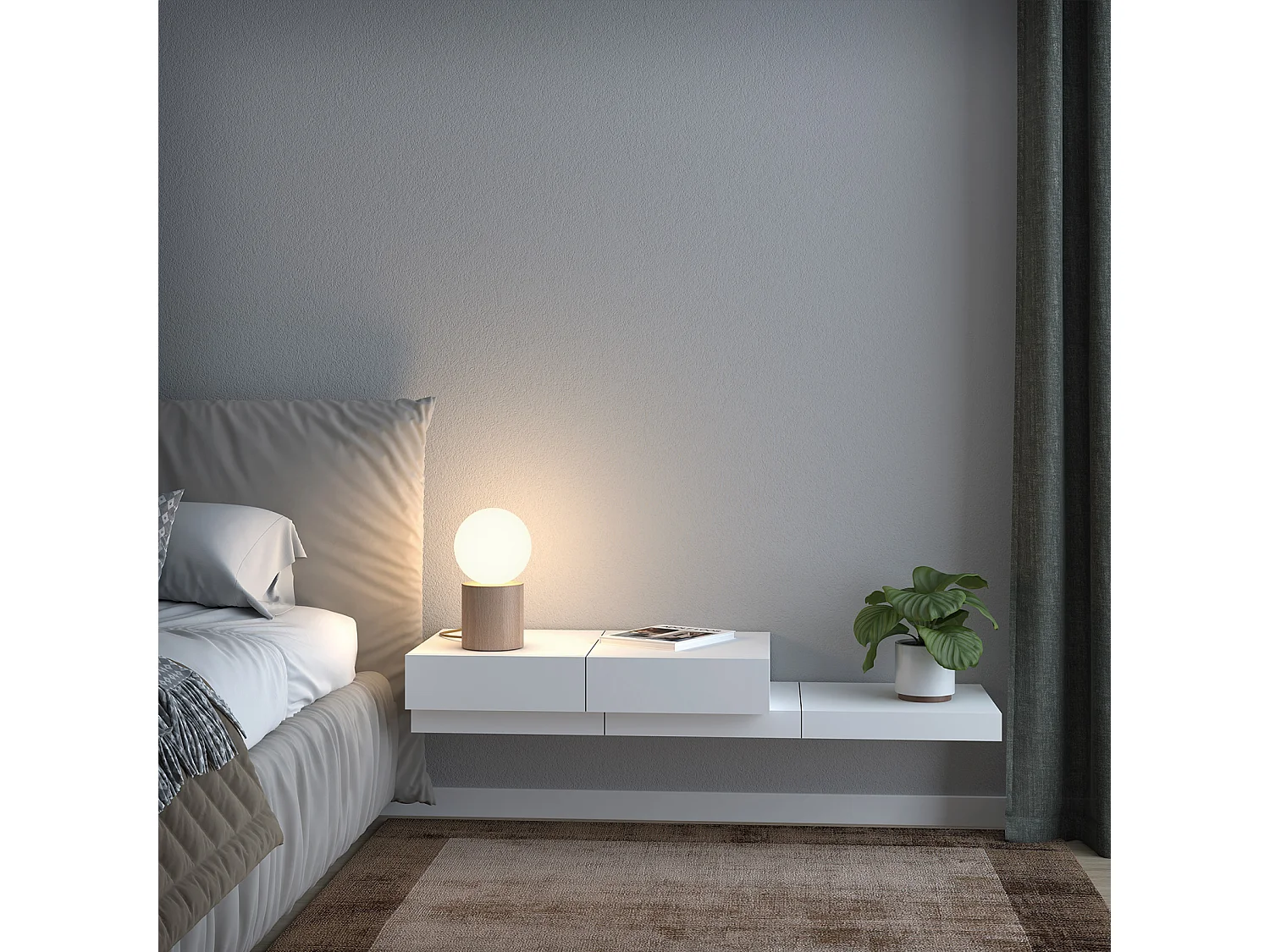 Lampe de table GÉOMÉTRIQUE style moderne et élégant-Hauteur 32 cm-G9 LED 5W-forme pyramidale-câble 1,5 mètre, on&off, tête sphérique-bois et verre-IP30-blanc