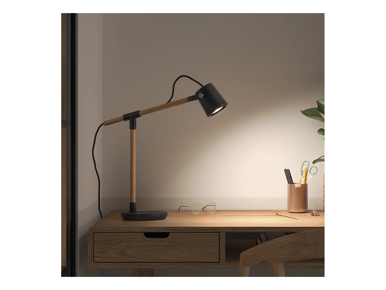 BRANCH tafellamp in hout en staal - H 41,3 cm - IP20, 2 m kabel - aan&uit - gu10 - 9W - zwart