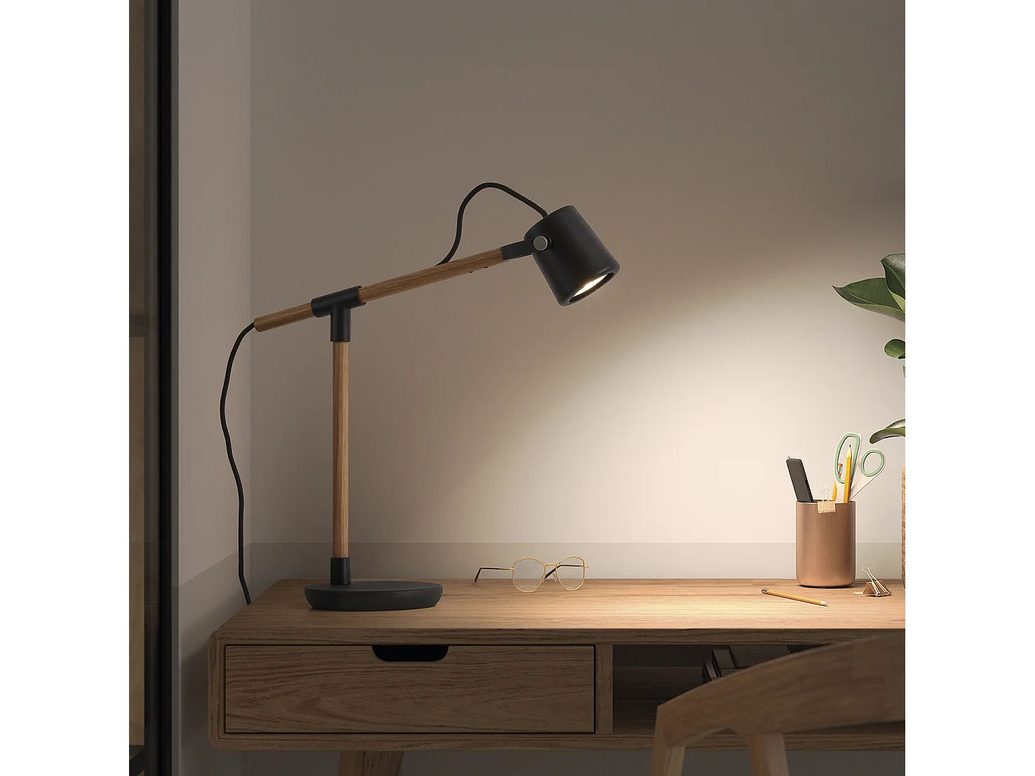 BRANCH tafellamp in hout en staal - H 41,3 cm - IP20, 2 m kabel - aan&uit - gu10 - 9W - zwart