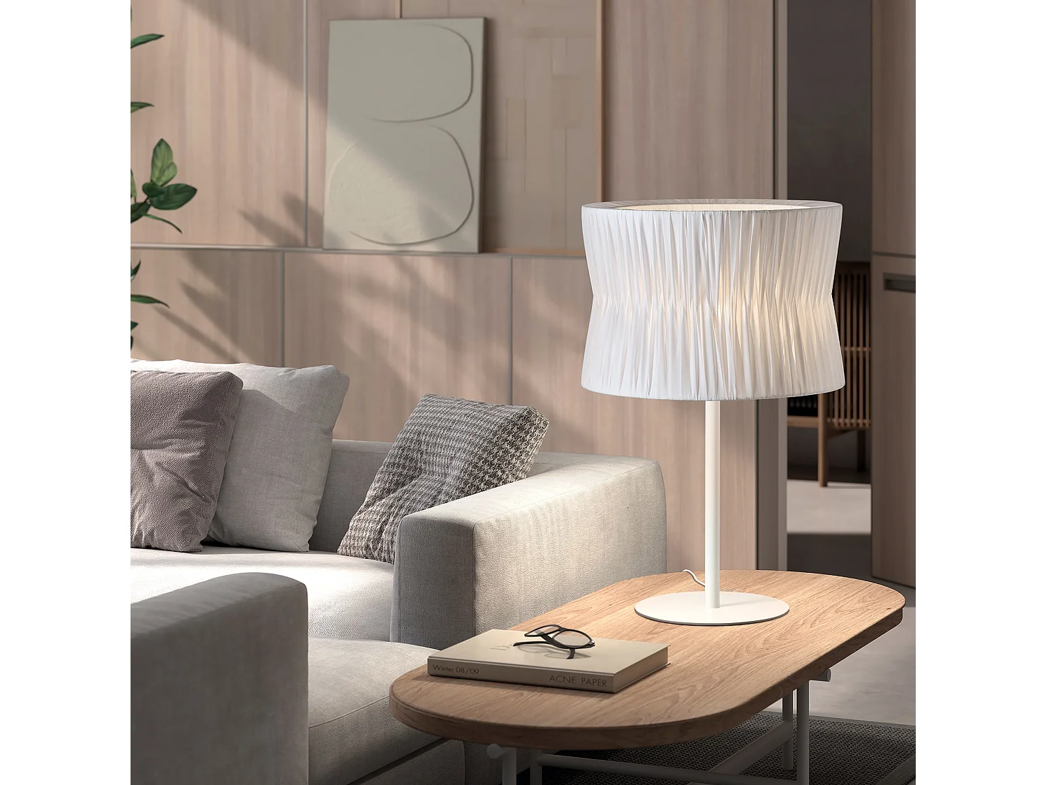 Candeeiro de mesa CORA estilo clássico - Altura 54 cm - E27 40W - candeeiro de fita plissada ø38,5 cm - cabo de 2 m - on&off - aço e branco - IP20