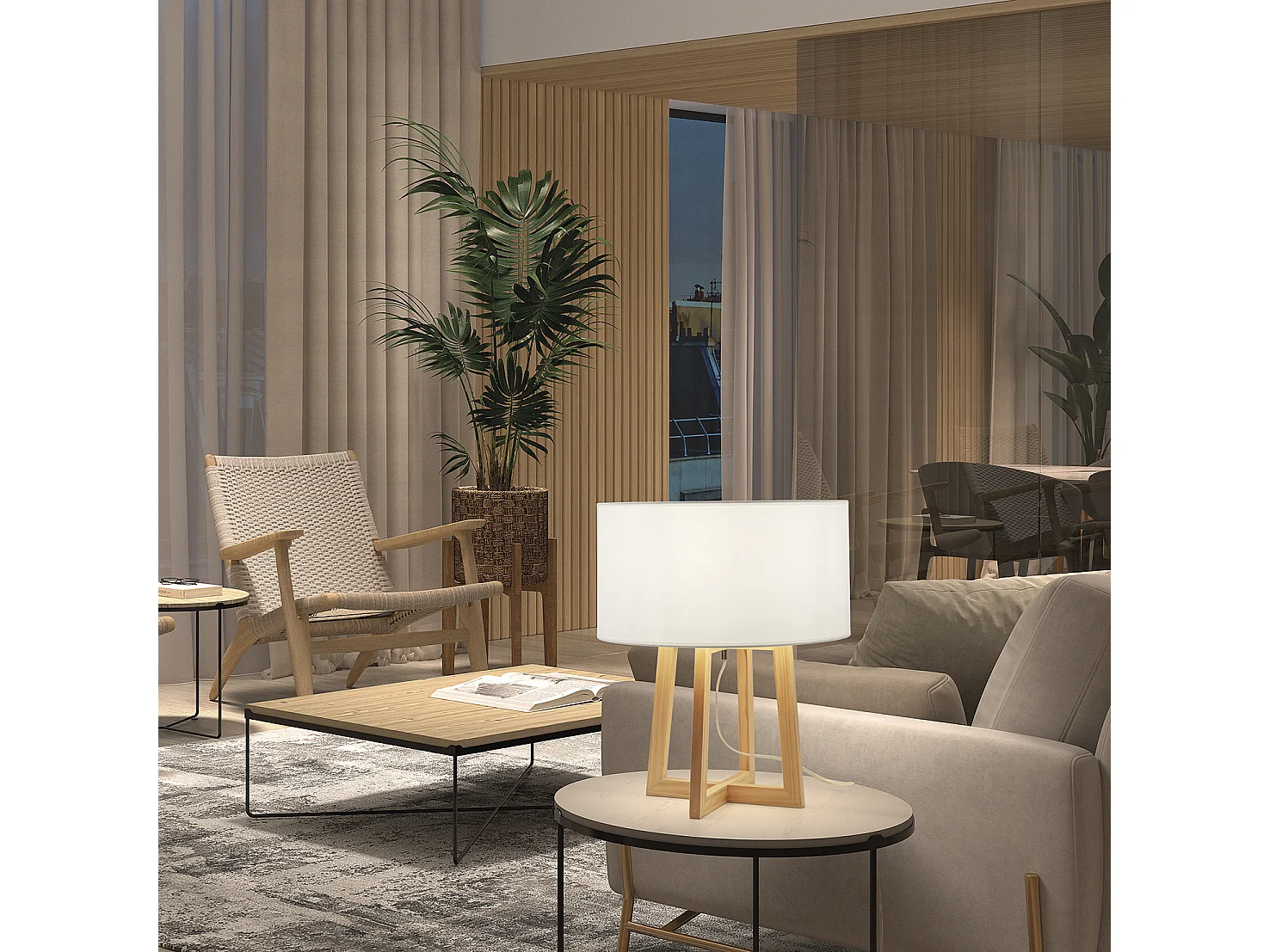 Lampe de table moderne Kara -h45 cm x d.ø38 cm-e27 40w-on&off-ip20-bois,acier-blanc