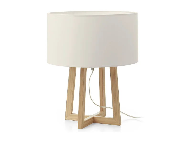 KARA Tischlampe im modernen und klassischen Stil – T. 38 cm x H. 45 cm – E27 40 W – 2 m Kabel – an/aus – IP20 – Holz – Stahl und weiße Baumwolle