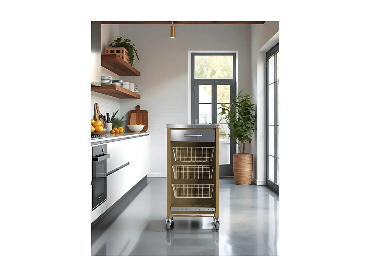 Carrello da cucina su ruote con piano in acciaio inox - Colore Sabbia, Acciaio inox  -  93*48*34cm - CHELSEA
