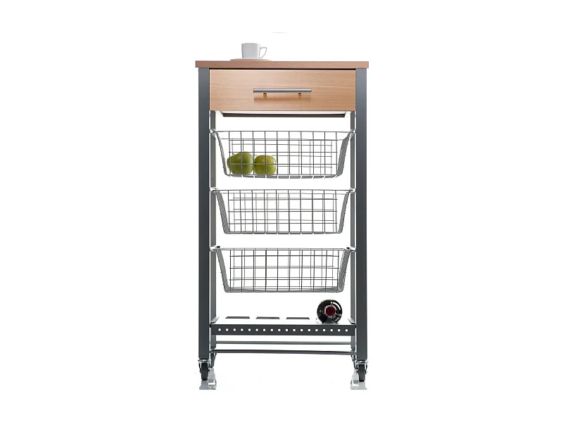 Küchenwagen mit Rädern, Küchentrolley - Farbe Grau Inox - Buche - 88,5*48*33 cm - DIANA