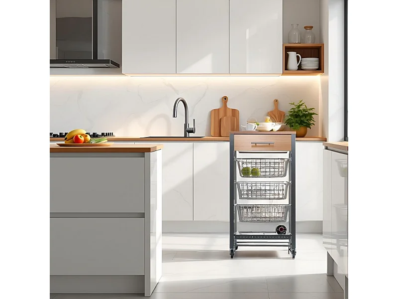 Küchenwagen mit Rädern, Küchentrolley - Farbe Grau Inox - Buche - 88,5*48*33 cm - DIANA