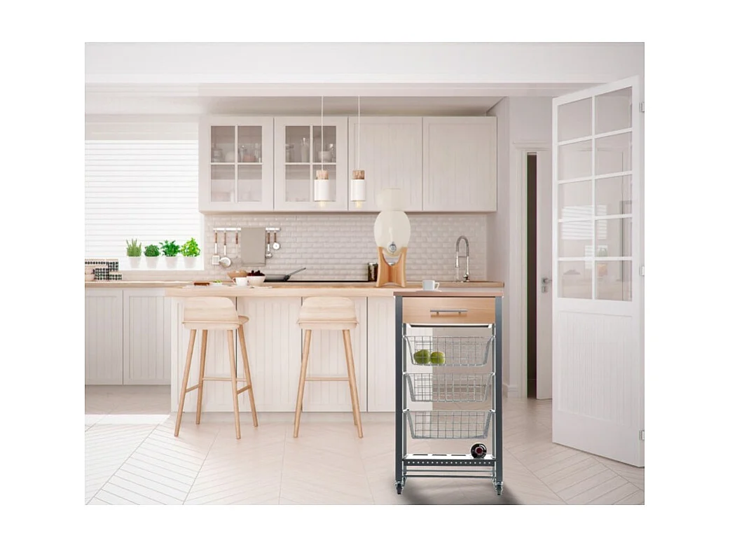Küchenwagen mit Rädern, Küchentrolley - Farbe Grau Inox - Buche - 88,5*48*33 cm - DIANA