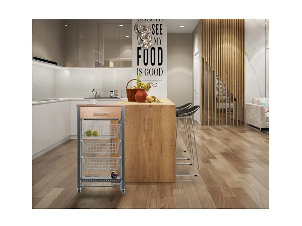 Küchenwagen mit Rädern, Küchentrolley - Farbe Grau Inox - Buche - 88,5*48*33 cm - DIANA
