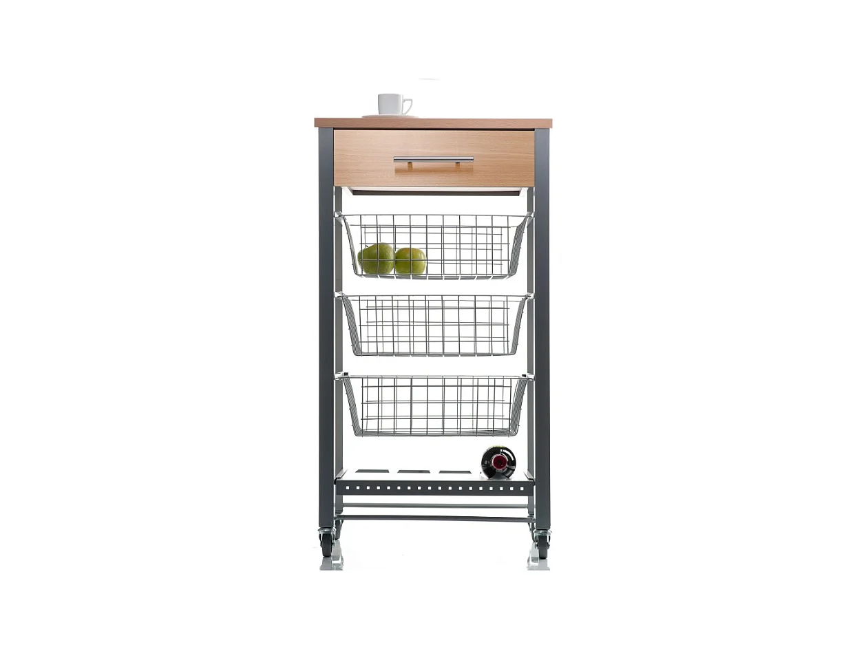 Desserte de cuisine, Chariot de rangement à roulettes - couleur Gris Inox - Hêtre - 88,5*48*33 cm - DIANA