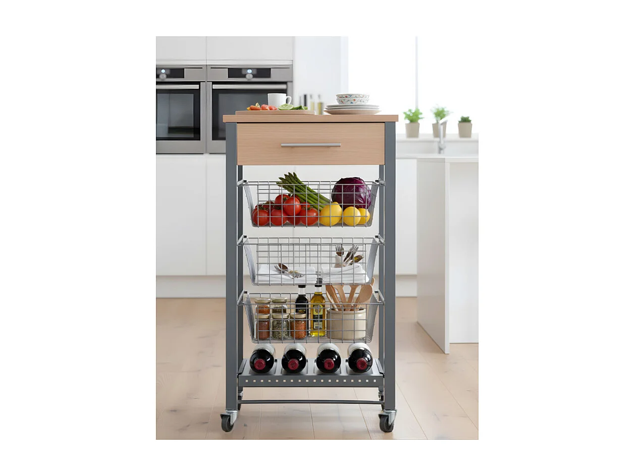 Carrello da cucina con ruote, Carrello portatutto - colore Grigio inox - Faggio - 88,5*48*33 cm - DIANA