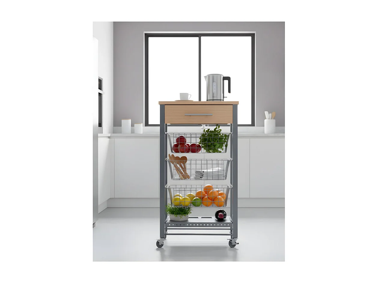 Carrello da cucina con ruote, Carrello portatutto - colore Grigio inox - Faggio - 88,5*48*33 cm - DIANA