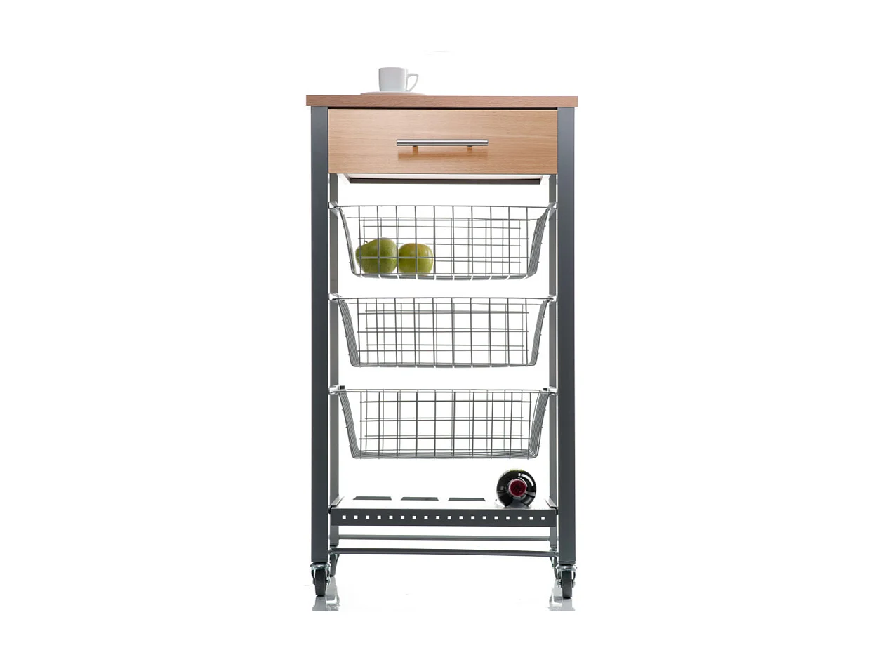 Desserte de cuisine, Chariot de rangement à roulettes - couleur Gris Inox - Hêtre - 88,5*48*33 cm - DIANA