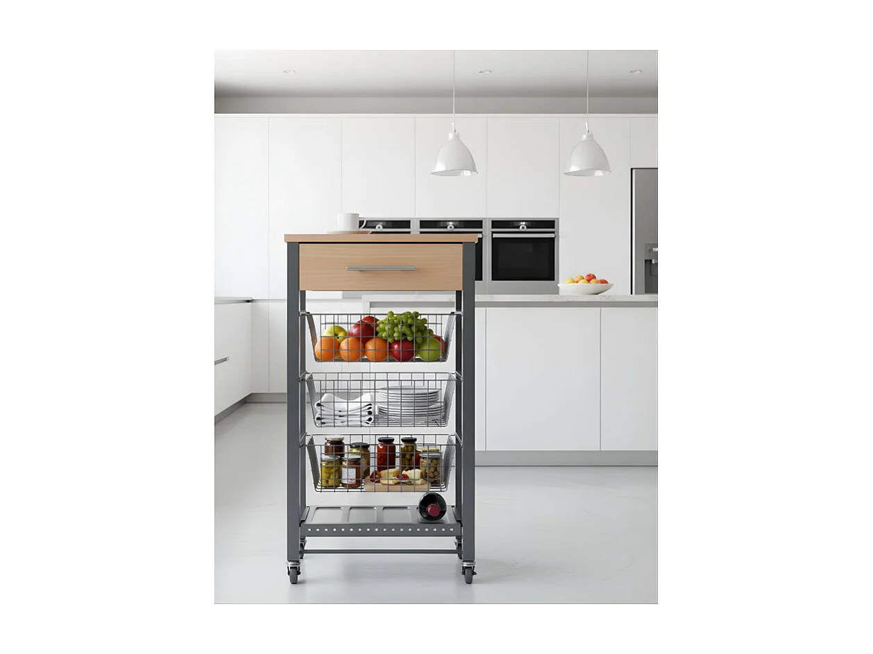 Desserte de cuisine, Chariot de rangement à roulettes - couleur Gris Inox - Hêtre - 88,5*48*33 cm - DIANA