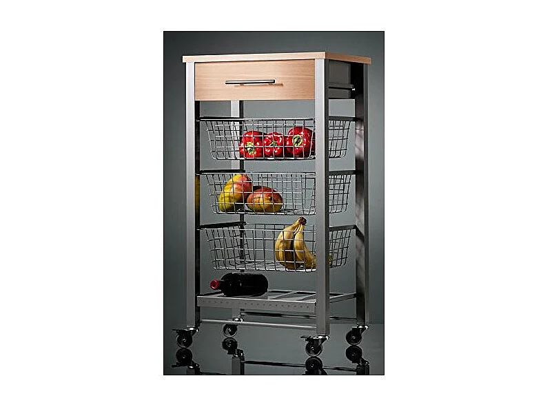 Desserte de cuisine, Chariot de rangement à roulettes - couleur Gris Inox - Hêtre - 88,5*48*33 cm - DIANA