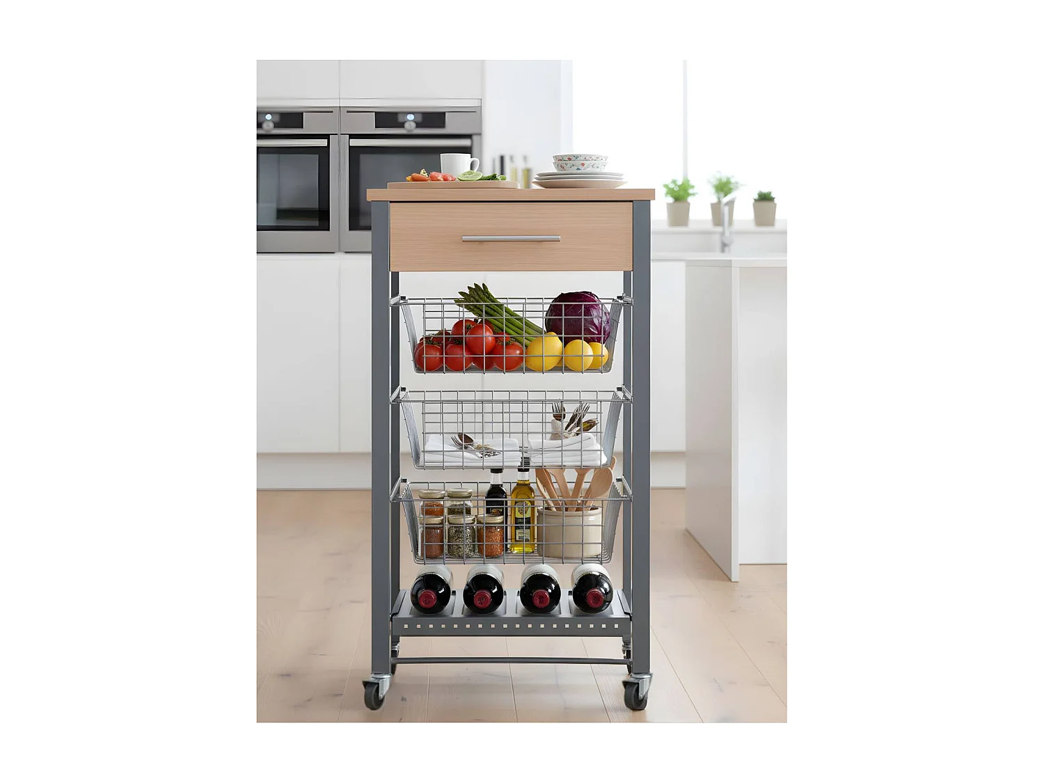 Küchenwagen mit Rädern, Küchentrolley - Farbe Grau Inox - Buche - 88,5*48*33 cm - DIANA