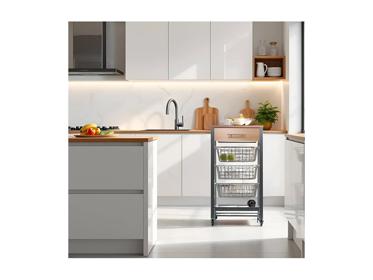 Küchenwagen mit Rädern, Küchentrolley - Farbe Grau Inox - Buche - 88,5*48*33 cm - DIANA
