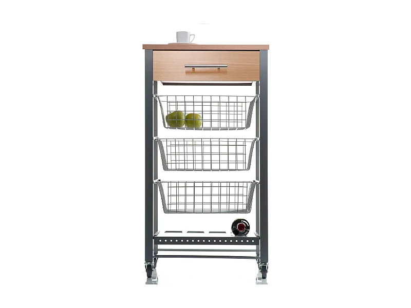 Carrito de cocina Diana con 3 cestas extraíbles, cajón y botellero – mueble auxiliar con ruedas en color inox y haya