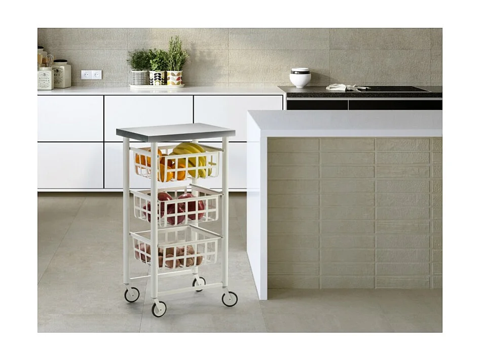 Chariot de cuisine à roulettes, plan de travail en inox - blanc, inox - 85*45*32 cm - FIFTY FIFTY