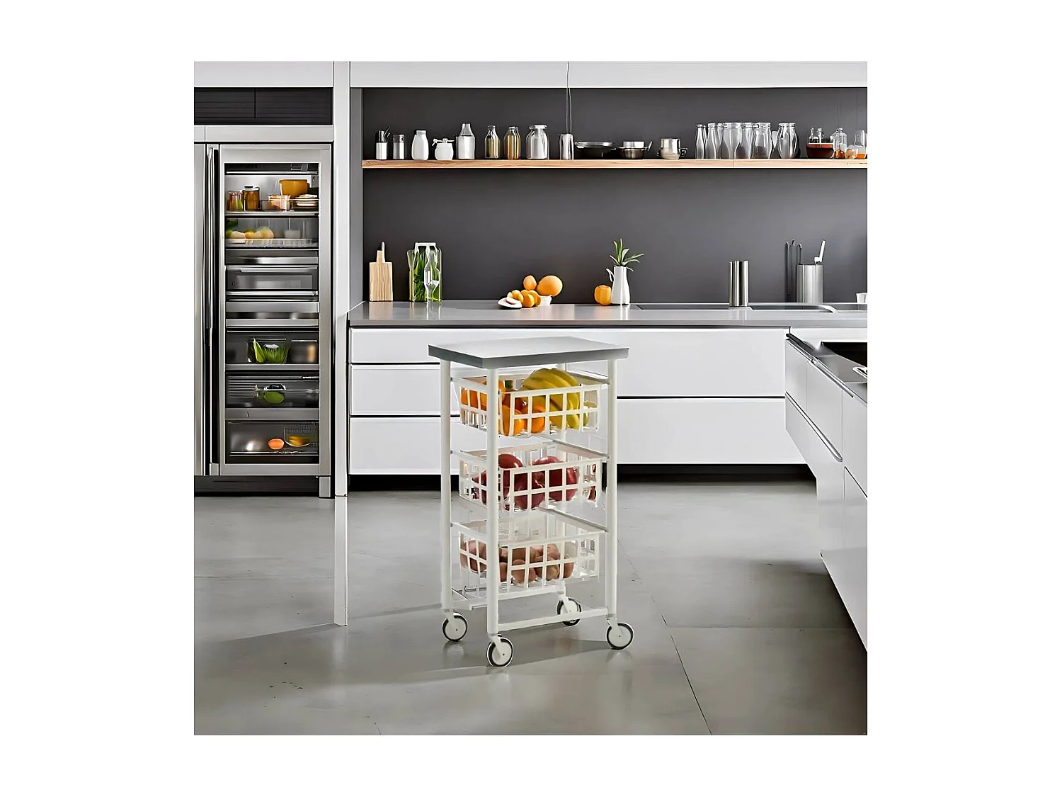 Chariot de cuisine à roulettes, plan de travail en inox - blanc, inox - 85*45*32 cm - FIFTY FIFTY