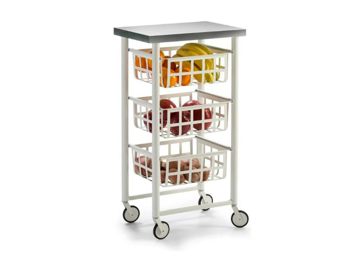 Carrito auxiliar FIFTY-FIFTY con 3 cestas metálicas, encimera de acero inoxidable y ruedas. Diseño moderno y funcionalidad
