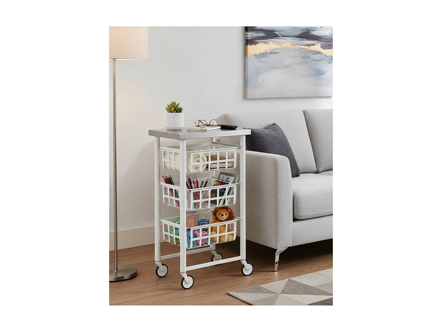 Carrito auxiliar FIFTY-FIFTY con 3 cestas metálicas, encimera de acero inoxidable y ruedas. Diseño moderno y funcionalidad