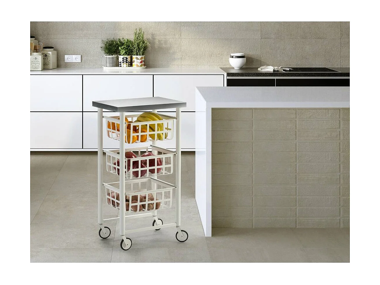 Carrito auxiliar FIFTY-FIFTY con 3 cestas metálicas, encimera de acero inoxidable y ruedas. Diseño moderno y funcionalidad