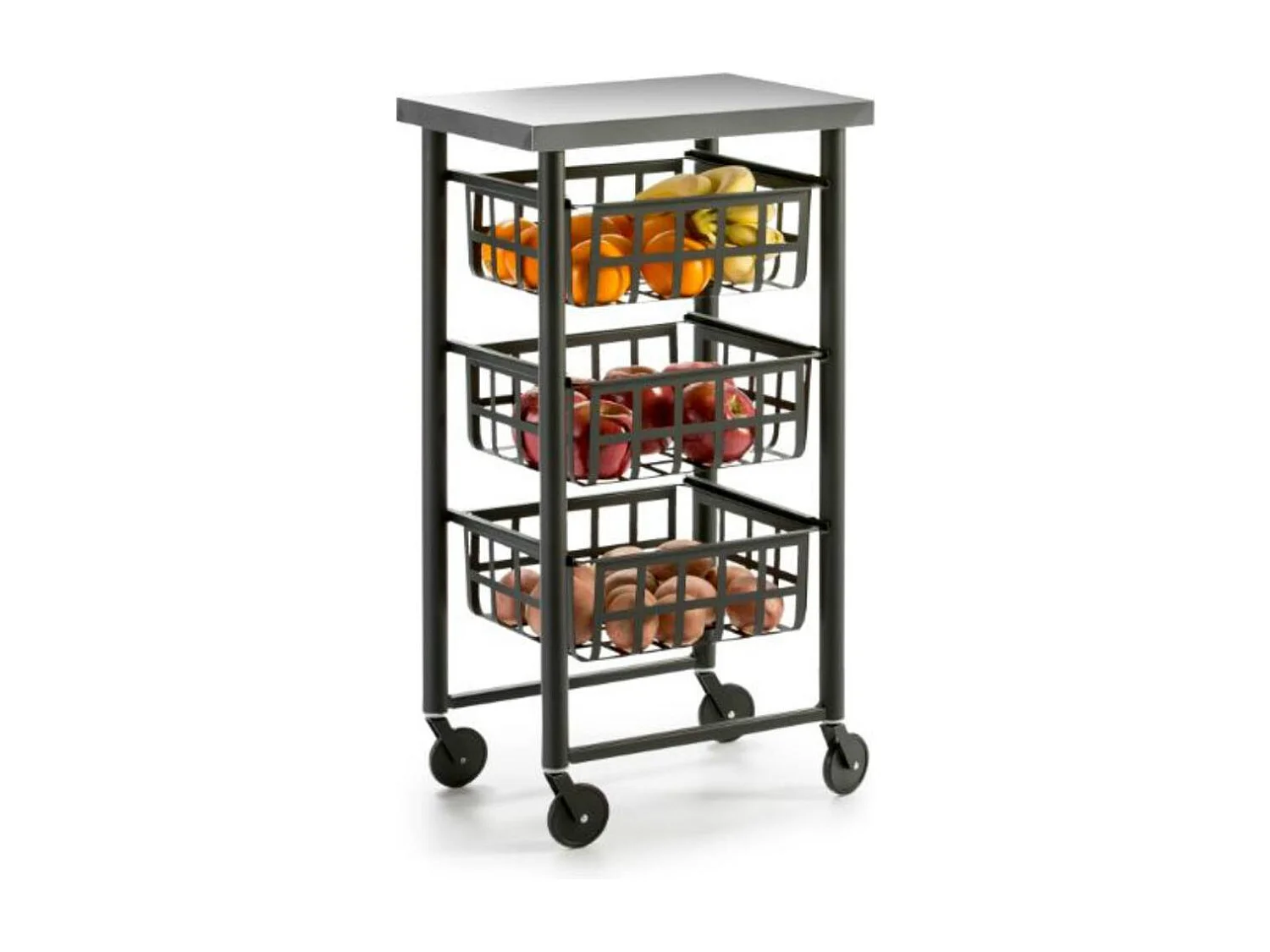 Carrito auxiliar FIFTY-FIFTY con 3 cestas metálicas, encimera de acero inoxidable y ruedas. Diseño moderno y funcionalidad