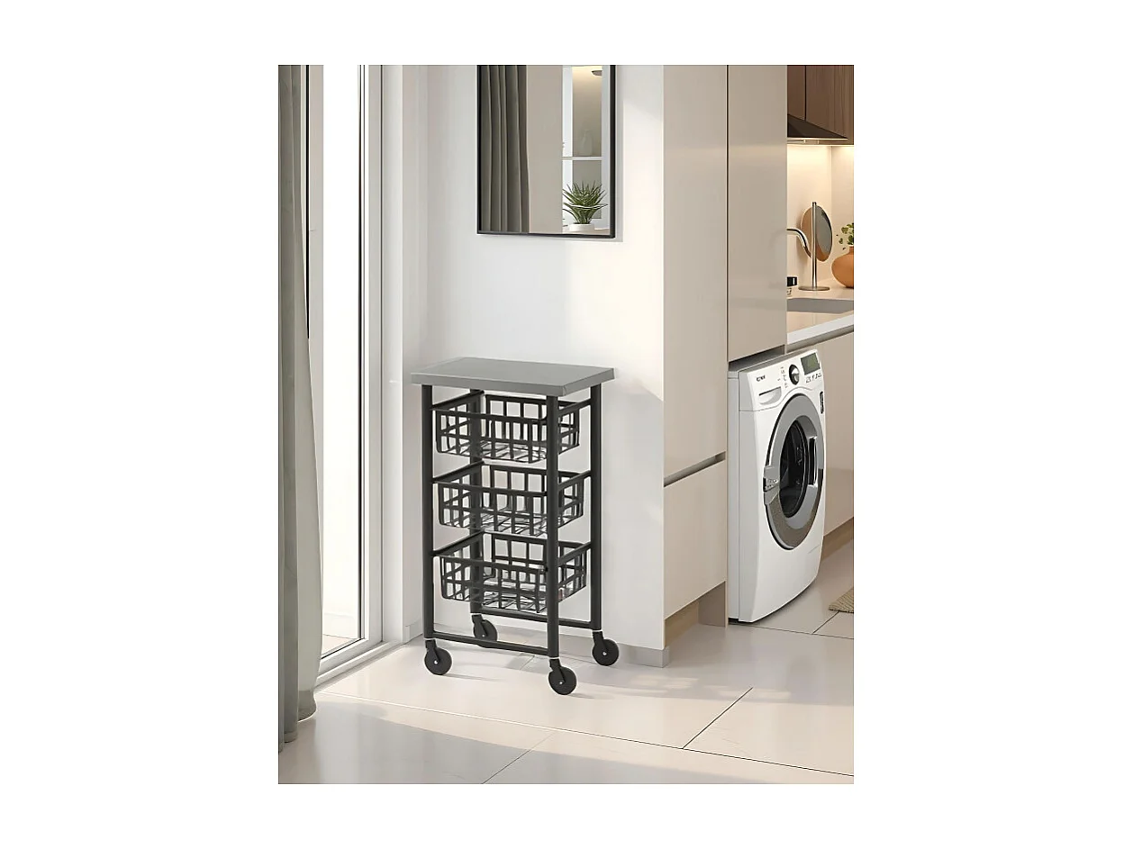 Carrito auxiliar FIFTY-FIFTY con 3 cestas metálicas, encimera de acero inoxidable y ruedas. Diseño moderno y funcionalidad