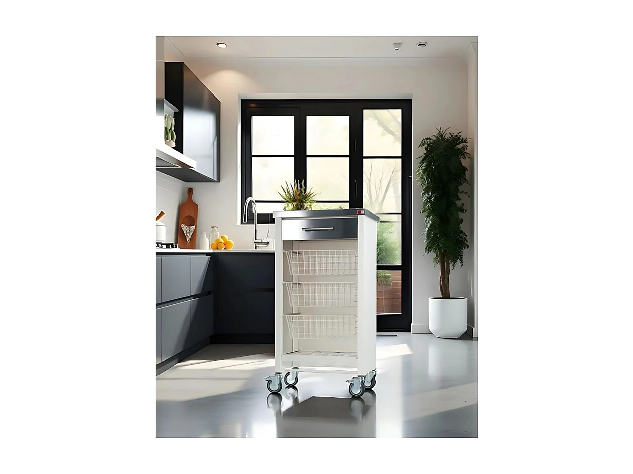 Desserte de cuisine plateau supérieur en Acier Inoxydable - Blanc, Inox  -  93*48*34cm - CHELSEA