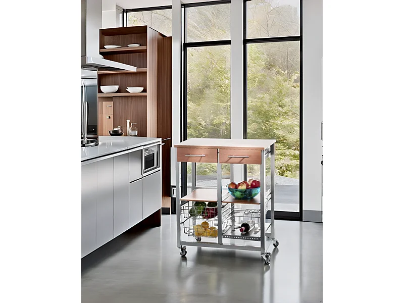 Chariot de cuisine avec tiroirs - Argenté, Cerisier- 89*71*43 cm - OSLO