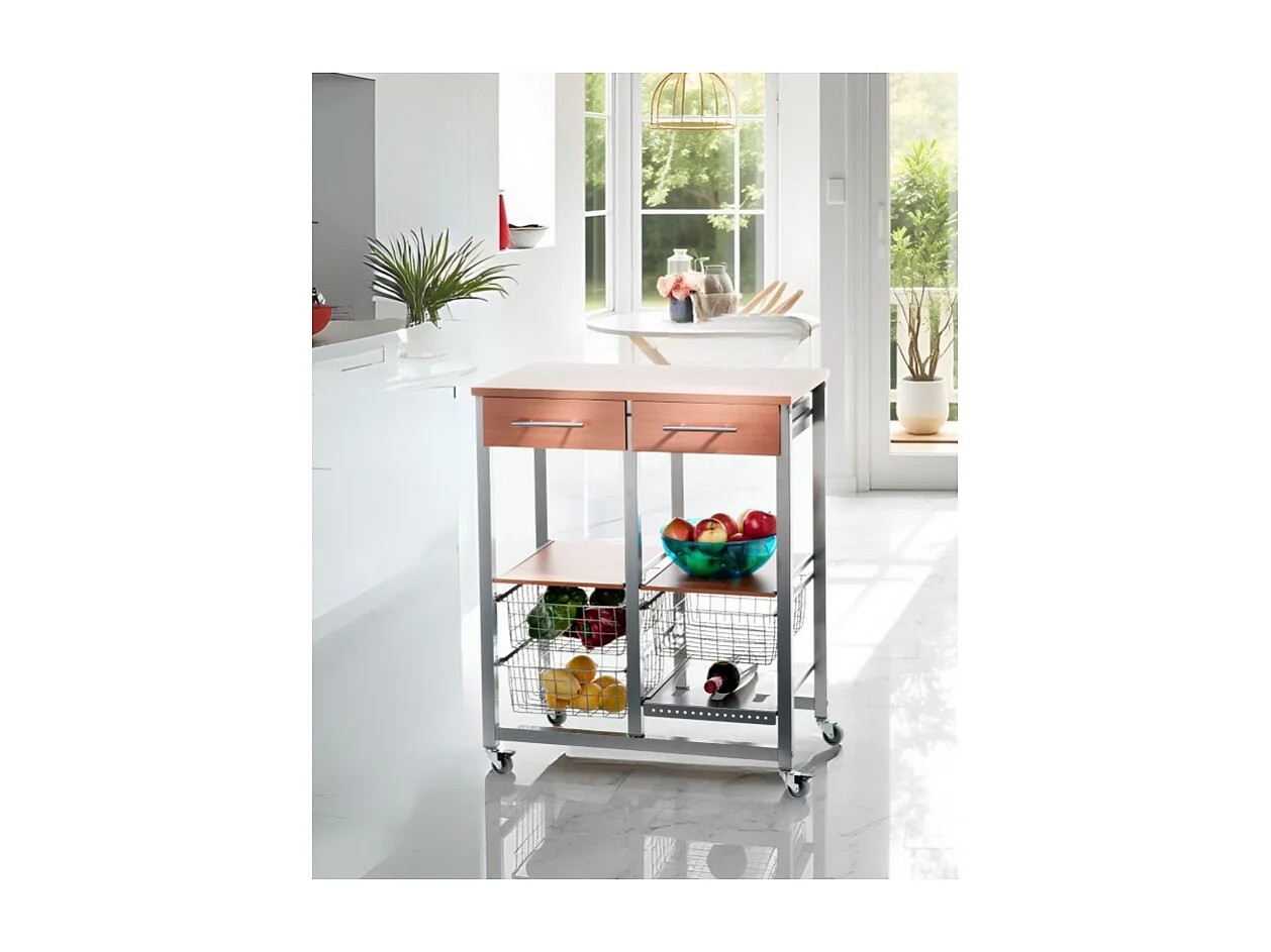 Chariot de cuisine avec tiroirs - Argenté, Cerisier- 89*71*43 cm - OSLO