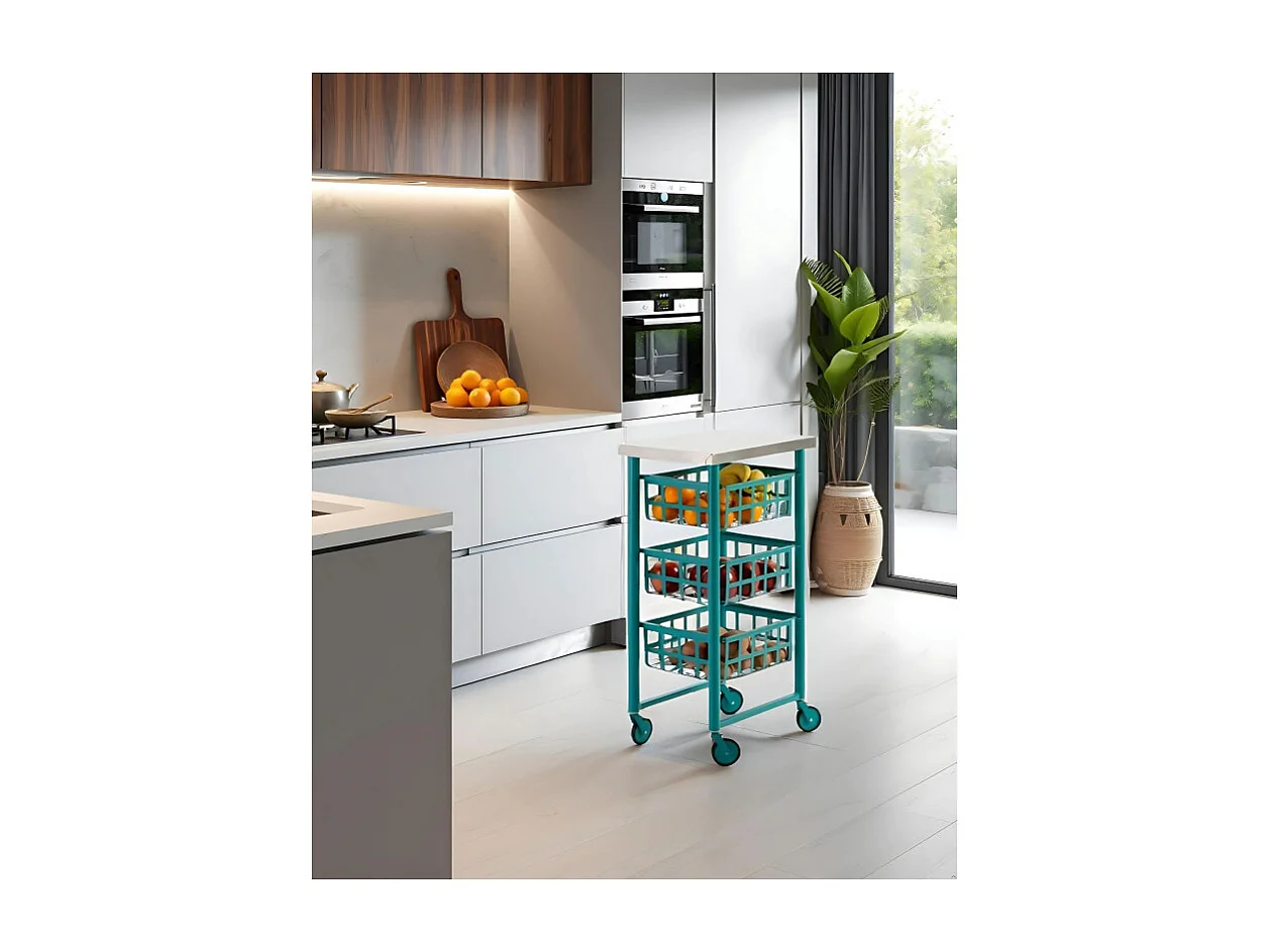 Chariot de cuisine à roulettes, Plan de travail en inox - Turquoise, Inox - 85*45*32 cm - FIFTY FIFTY