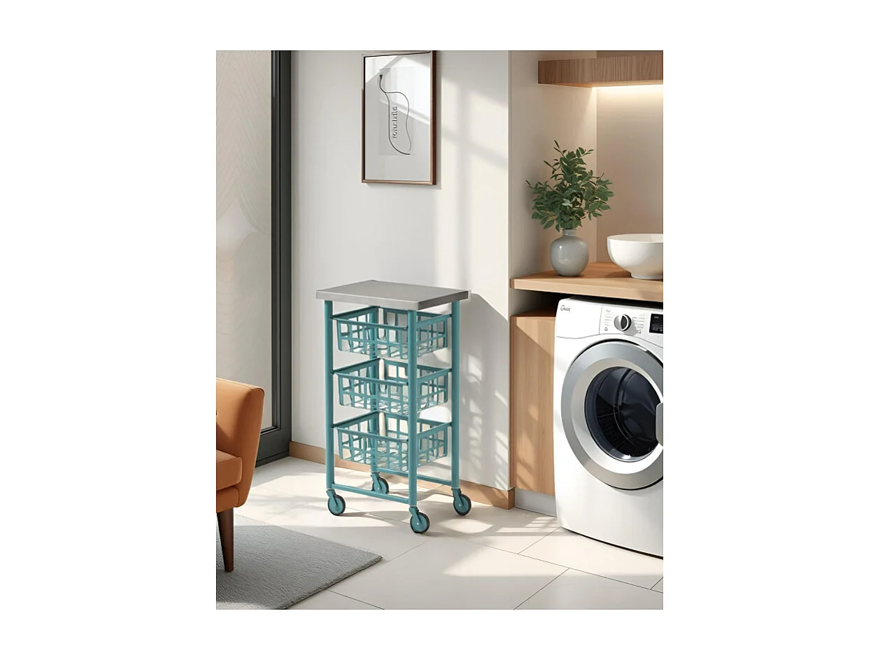 Chariot de cuisine à roulettes, Plan de travail en inox - Turquoise, Inox - 85*45*32 cm - FIFTY FIFTY