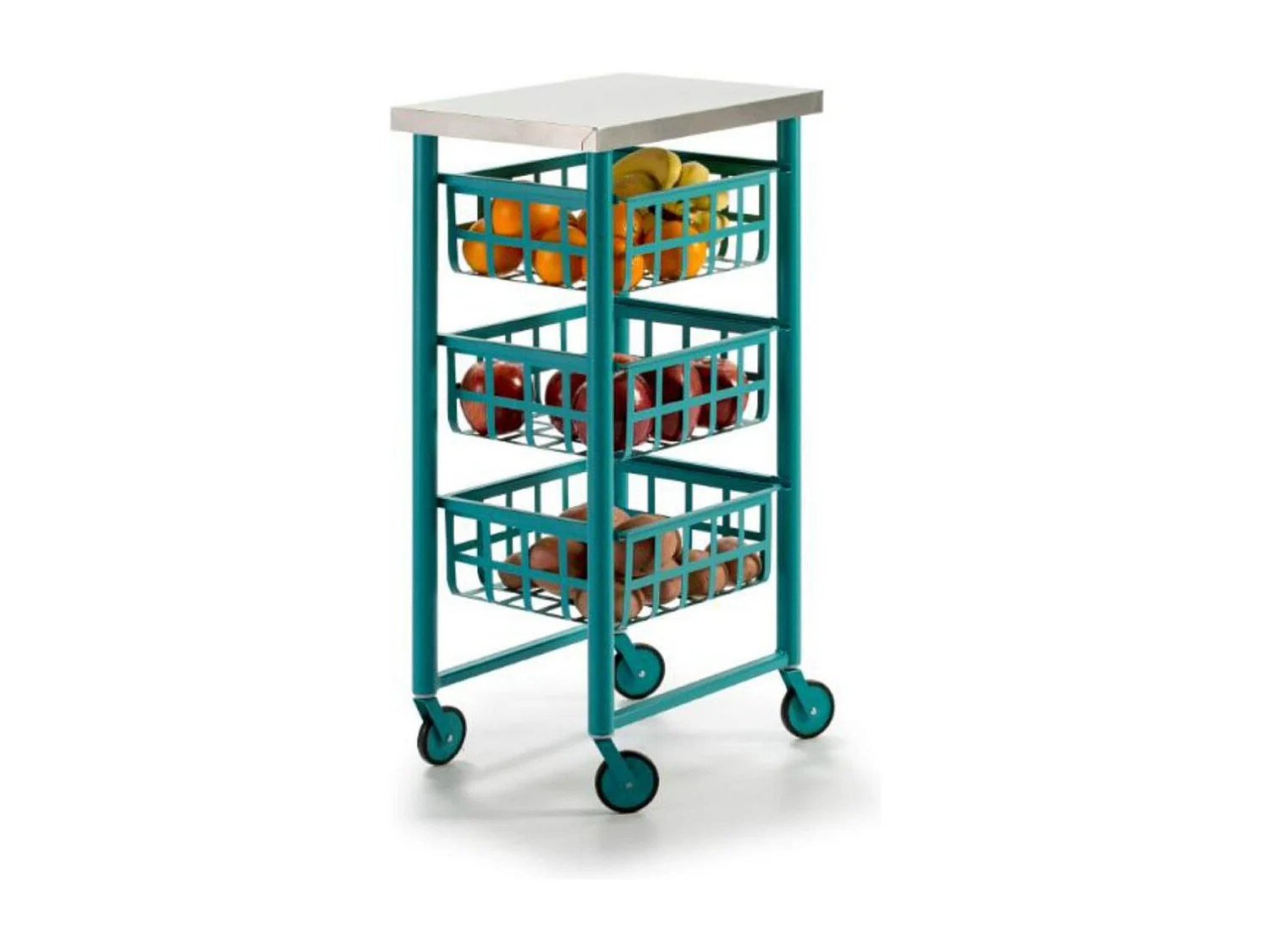 Carrito auxiliar FIFTY-FIFTY con 3 cestas metálicas, encimera de acero inoxidable y ruedas. Diseño moderno y funcionalidad