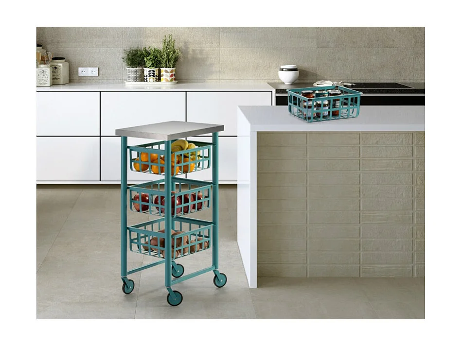 Carrito auxiliar FIFTY-FIFTY con 3 cestas metálicas, encimera de acero inoxidable y ruedas. Diseño moderno y funcionalidad