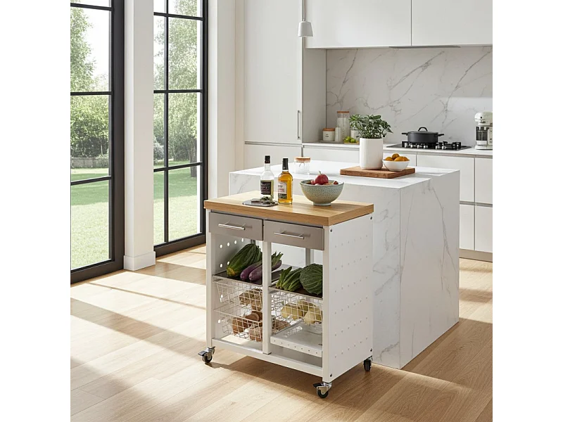 Chariot de cuisine / Table d'appoint - couleur Blanc, Inox, Orme - 84*71*43 cm - EKO