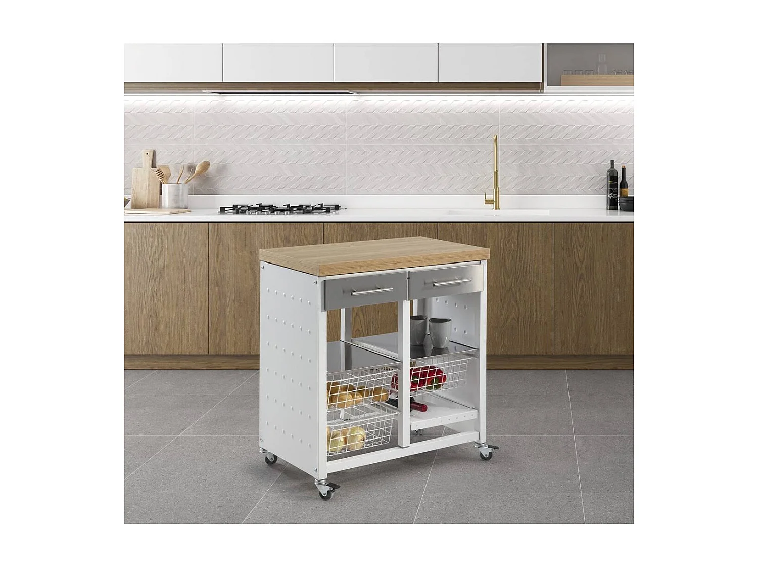 Carrello da cucina / Tavolino - colore Bianco, Acciaio inox, Olmo - 84*71*43 cm - EKO