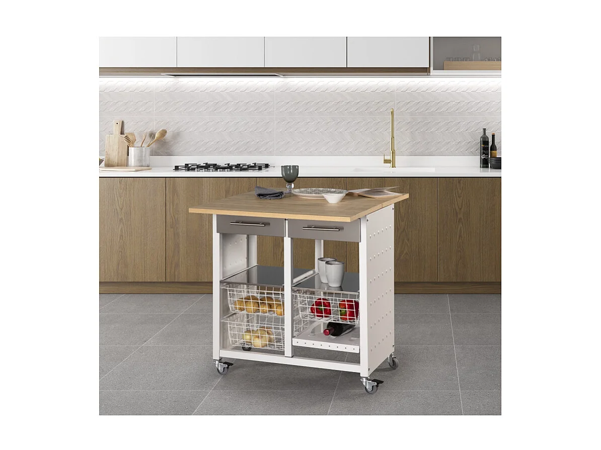 Carrello da cucina / Tavolino - colore Bianco, Acciaio inox, Olmo - 84*71*43 cm - EKO