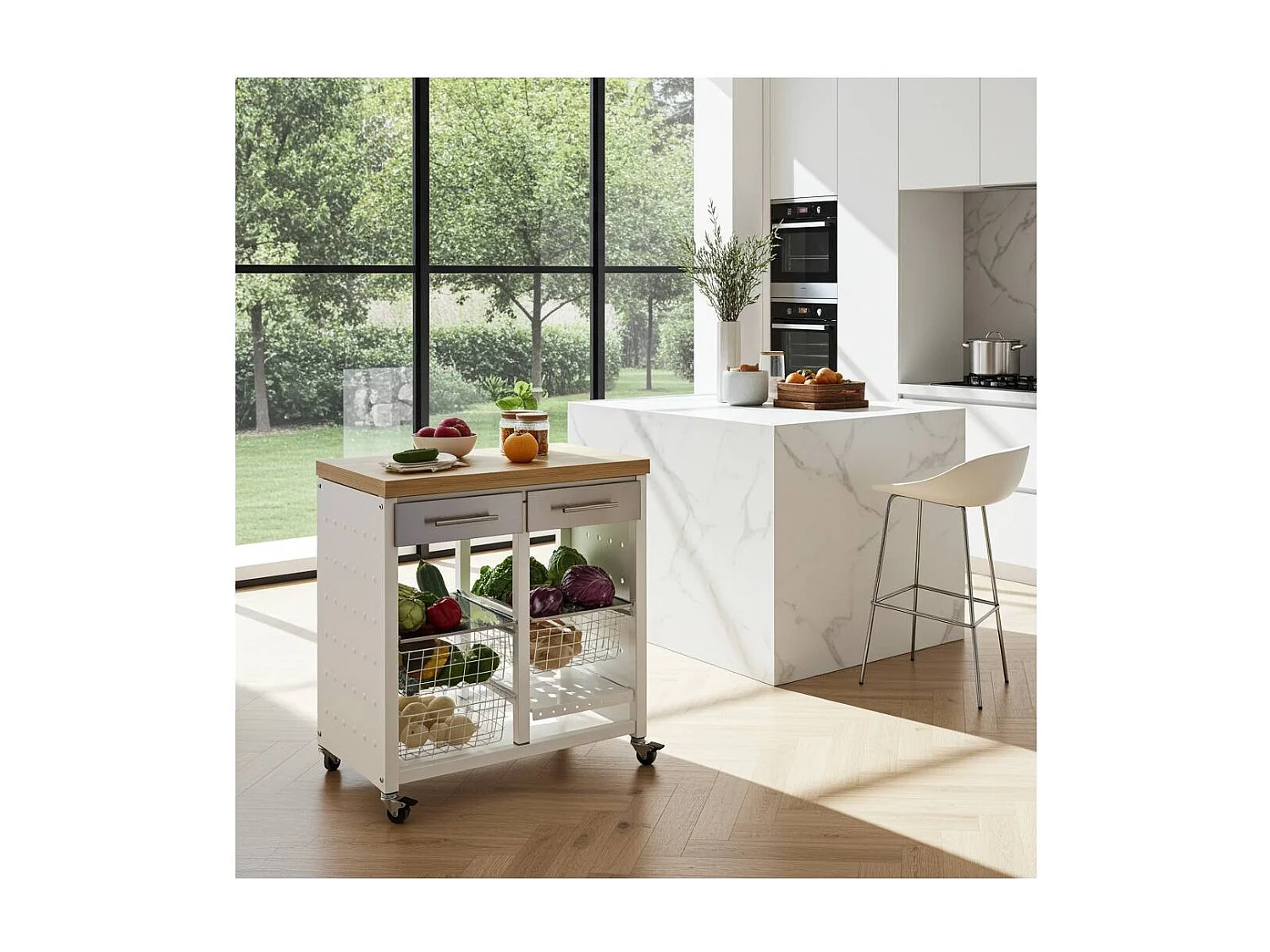 Carrello da cucina / Tavolino - colore Bianco, Acciaio inox, Olmo - 84*71*43 cm - EKO