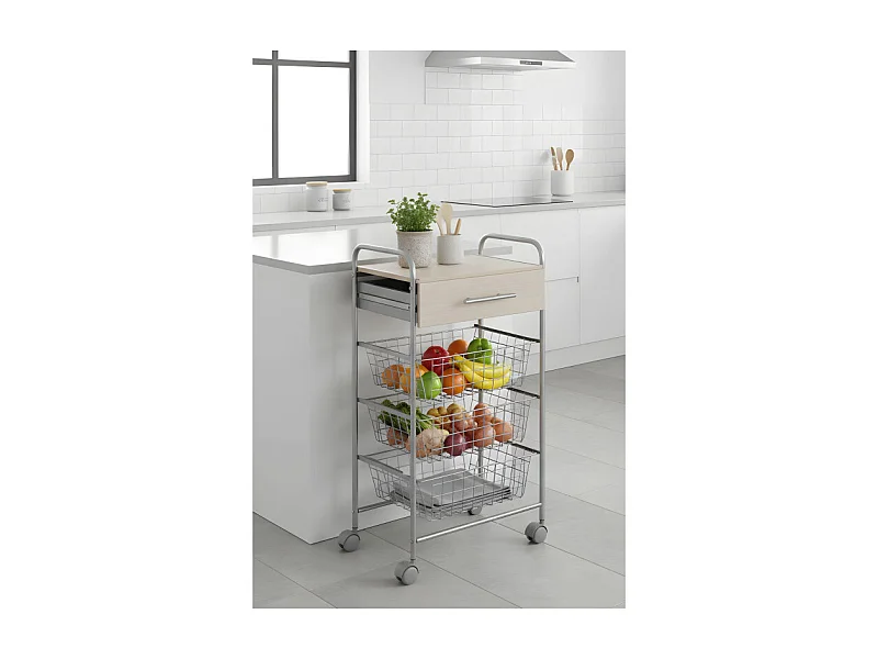 Chariot de cuisine, Desserte à roulettes, 1 tiroir et 3 paniers - Couleur Aluminium, Hêtre - 86*44*30 cm - ALESIA